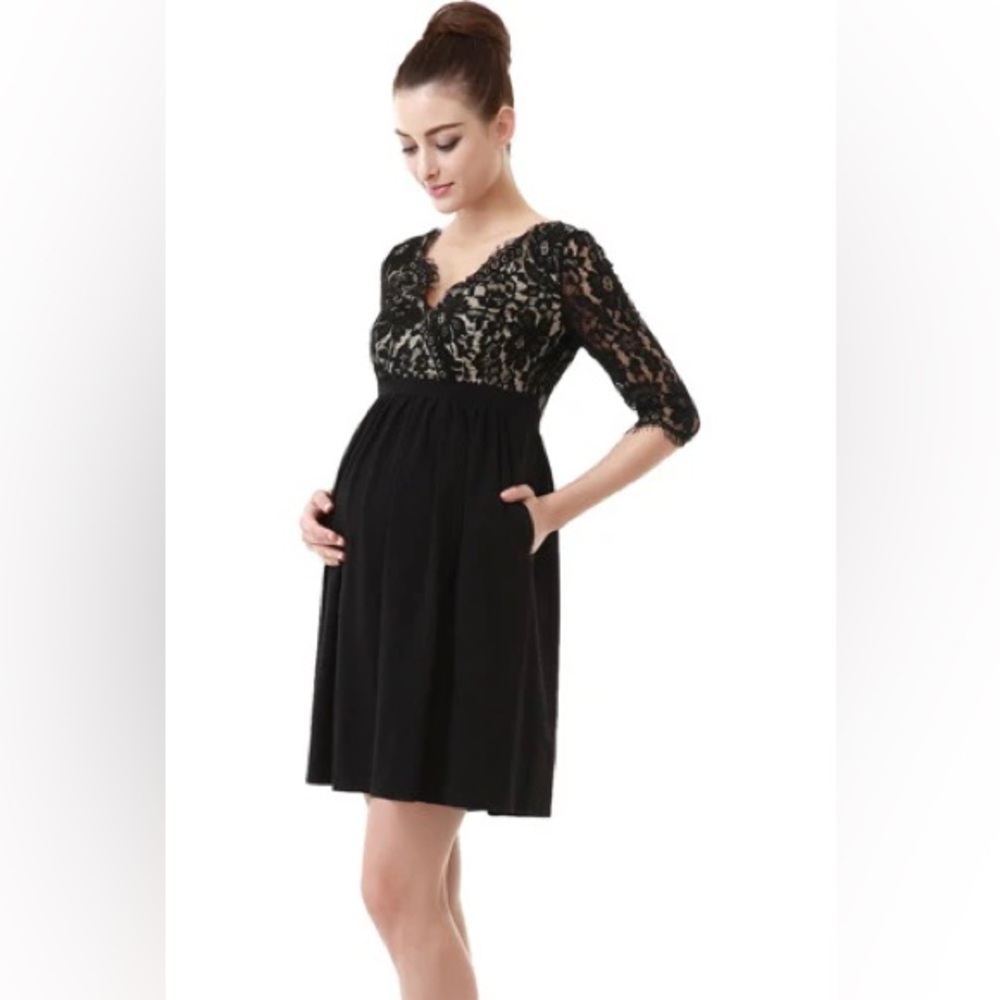 Momo Maternity Lace V-Neck Empire Waist Dress Size Medium NWT